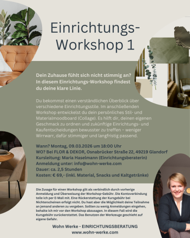 Einladung zu einem Einrichtungs-Workshop mit Details und Informationen zu Terminen und Anmeldungen.